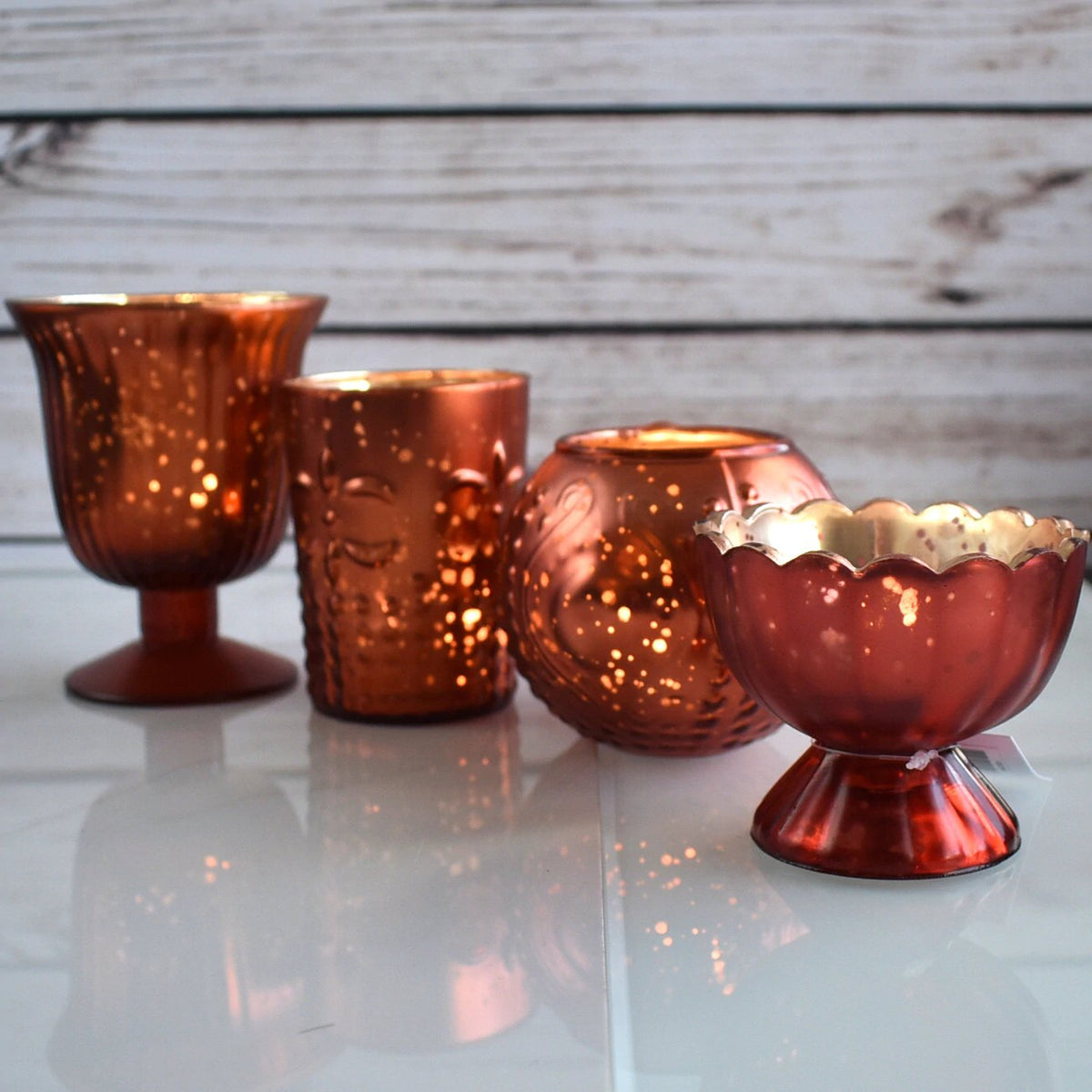 Vintage Glam Mercury Glass Tealight Votive Candle Holders (Rustic Copper Red, Set of 4, Assorted Designs, Sizes) - Weddings Events Parties Home Decor - Luna Bazaar | Boho &amp; Vintage Style Decor