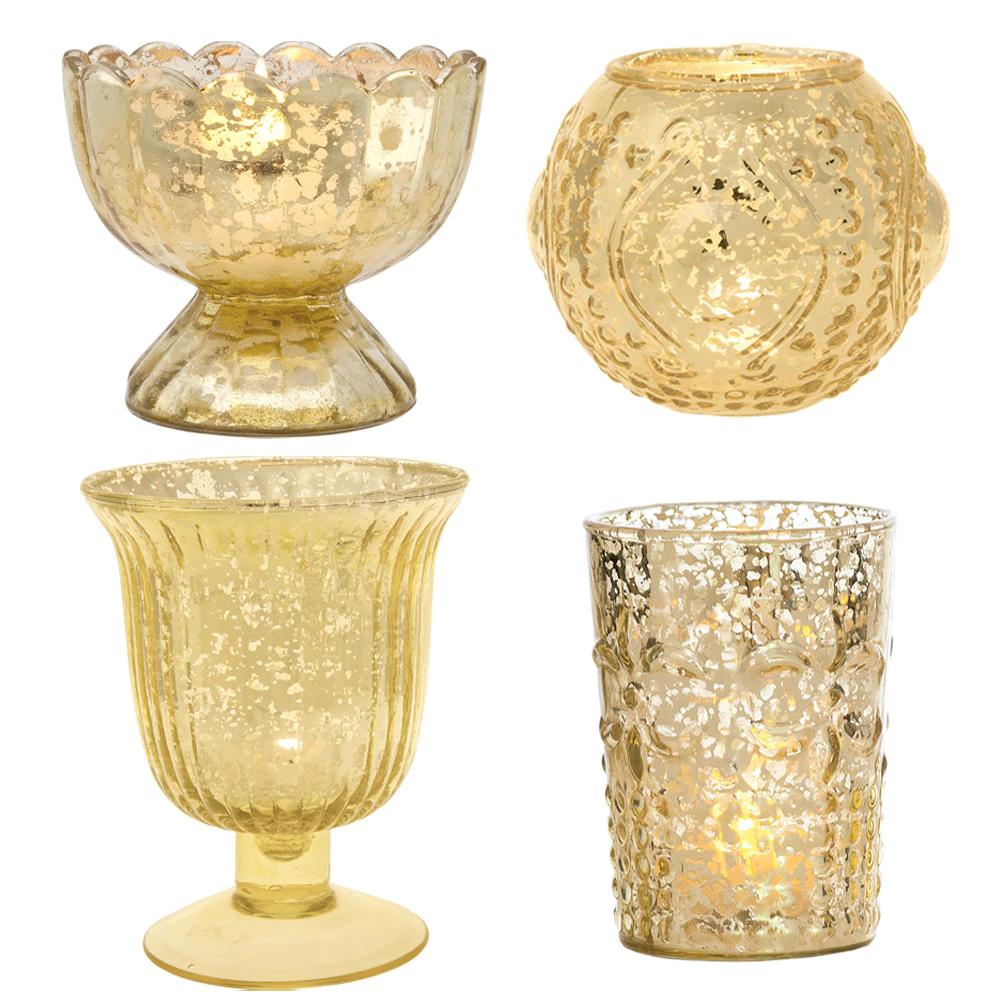 Vintage Glam Mercury Glass Tealight Votive Candle Holders (Gold, Set of 4, Assorted Designs and Sizes) - for Weddings, Events, Parties, and Home Décor - Luna Bazaar | Boho &amp; Vintage Style Decor