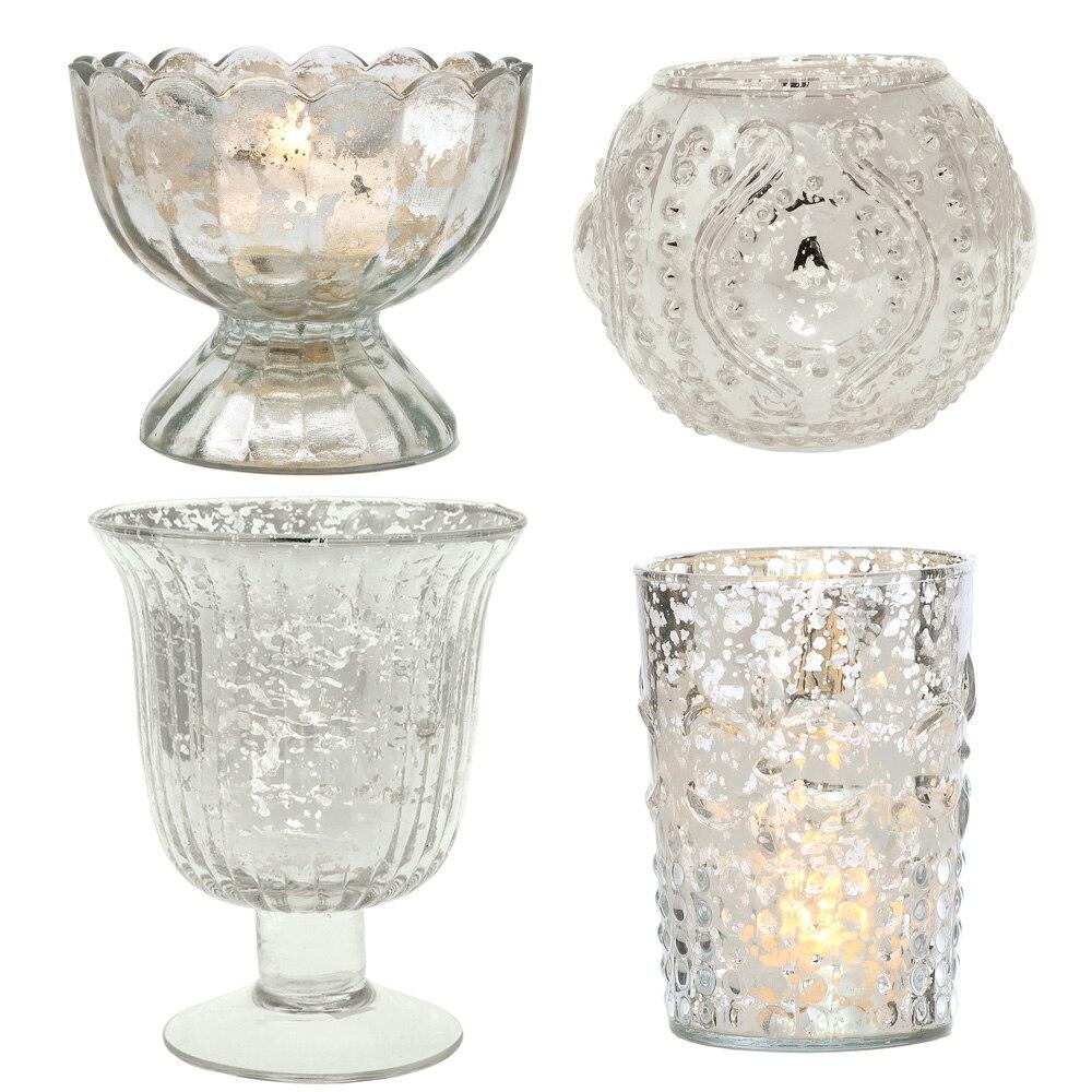 Vintage Glam Mercury Glass Tealight Votive Candle Holders (Silver, Set of 4, Assorted Designs and Sizes) - Weddings, Events, Parties, and Home Décor - Luna Bazaar | Boho &amp; Vintage Style Decor