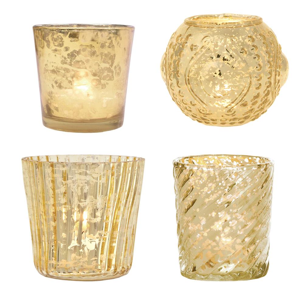 Royal Flush Mercury Glass Tealight Votive Candle Holders (Gold, Set of 4, Assorted Designs and Sizes) - for Weddings, Events, Parties, and Home Décor, Ideal Housewarming Gift - Luna Bazaar | Boho &amp; Vintage Style Decor