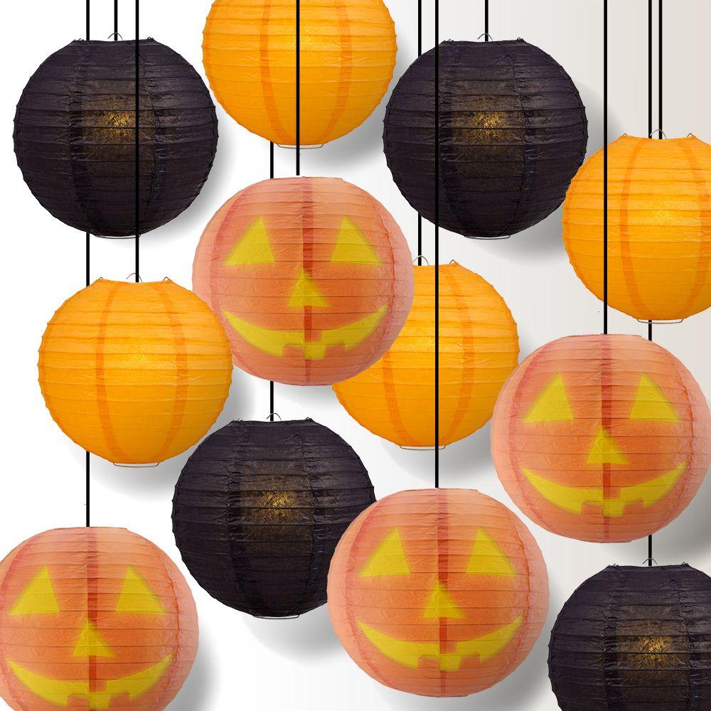 Halloween 12-Piece Jack-o-Lantern Pumpkin Paper Lantern Party Pack Set, Assorted Hanging Decoration - Luna Bazaar | Boho &amp; Vintage Style Decor