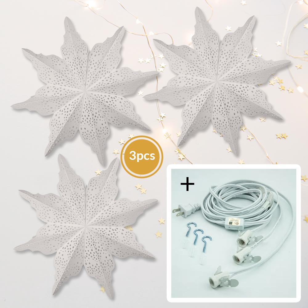 Bright White Cristallo 29 Inch Pizzelle Designer Illuminated Paper Star Lanterns and Lamp Cord Hanging Decorations (3-PACK + CORD + BULBS)