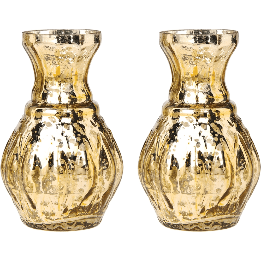 2-Pack Vintage Mercury Glass Vase (4-Inch, Bernadette Mini Ribbed Design, Gold) - Decorative Flower Vase - For Home Decor and Wedding Centerpieces - Luna Bazaar | Boho &amp; Vintage Style Decor