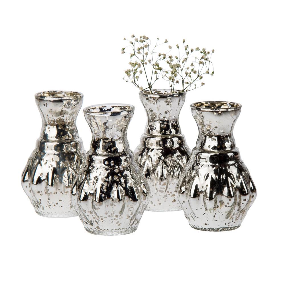 4-Pack Vintage Mercury Glass Vase (4-Inch, Bernadette Mini Ribbed Design, Silver) - Decorative Flower Vase - For Home Decor and Wedding Centerpieces - Luna Bazaar | Boho &amp; Vintage Style Decor