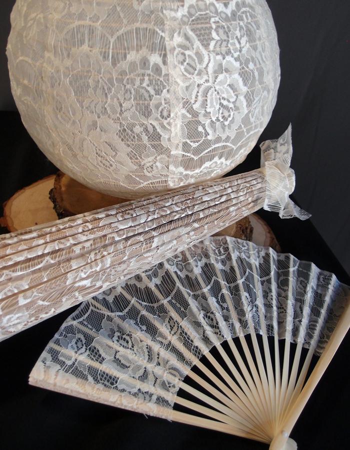 9&quot; Beige / Ivory Lace Fabric Bamboo Hand Fan for Weddings - Luna Bazaar | Boho &amp; Vintage Style Decor