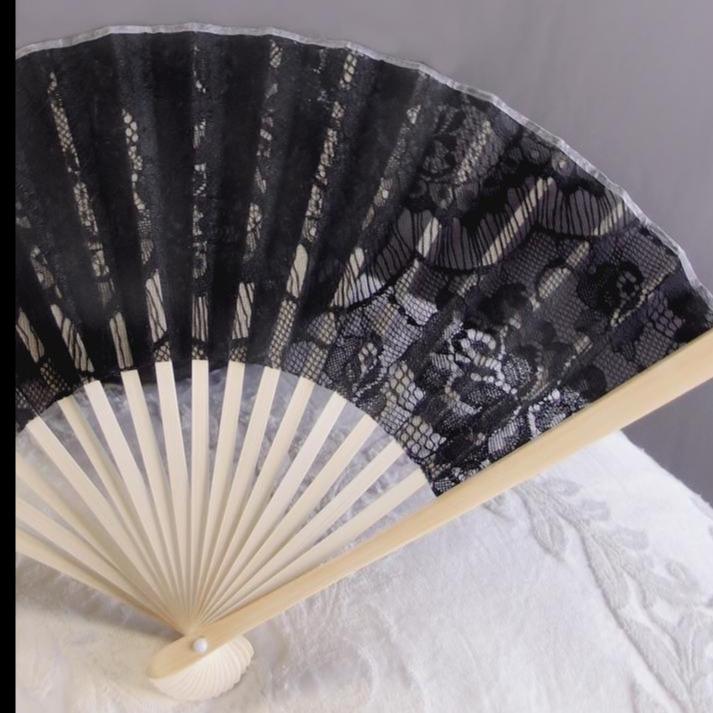 9&quot; Black Lace Fabric Bamboo Hand Fan for Weddings - Luna Bazaar | Boho &amp; Vintage Style Decor