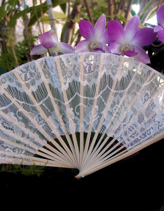 9&quot; White Lace Fabric Bamboo Hand Fan for Weddings - Luna Bazaar | Boho &amp; Vintage Style Decor