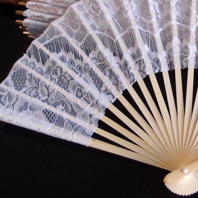 9&quot; White Lace Fabric Bamboo Hand Fan for Weddings - Luna Bazaar | Boho &amp; Vintage Style Decor
