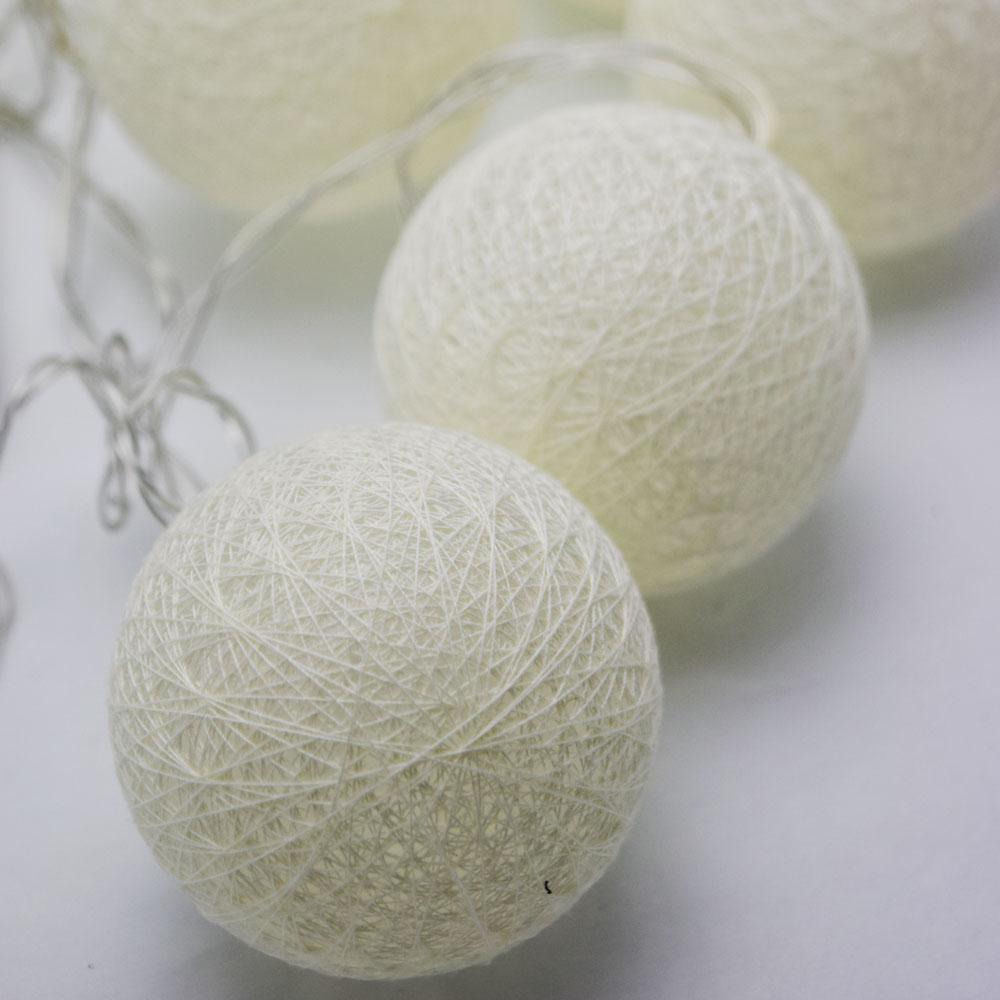 5.5 FT 10 LED Battery Operated Beige Round Cotton Ball String Lights With Timer - Luna Bazaar | Boho &amp; Vintage Style Decor