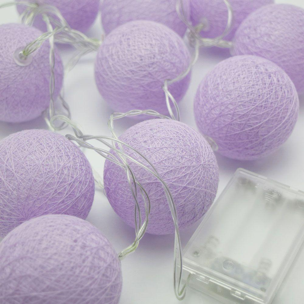 5.5 FT 10 LED Battery Operated Lavender Round Cotton Ball String Lights With Timer - Luna Bazaar | Boho &amp; Vintage Style Decor