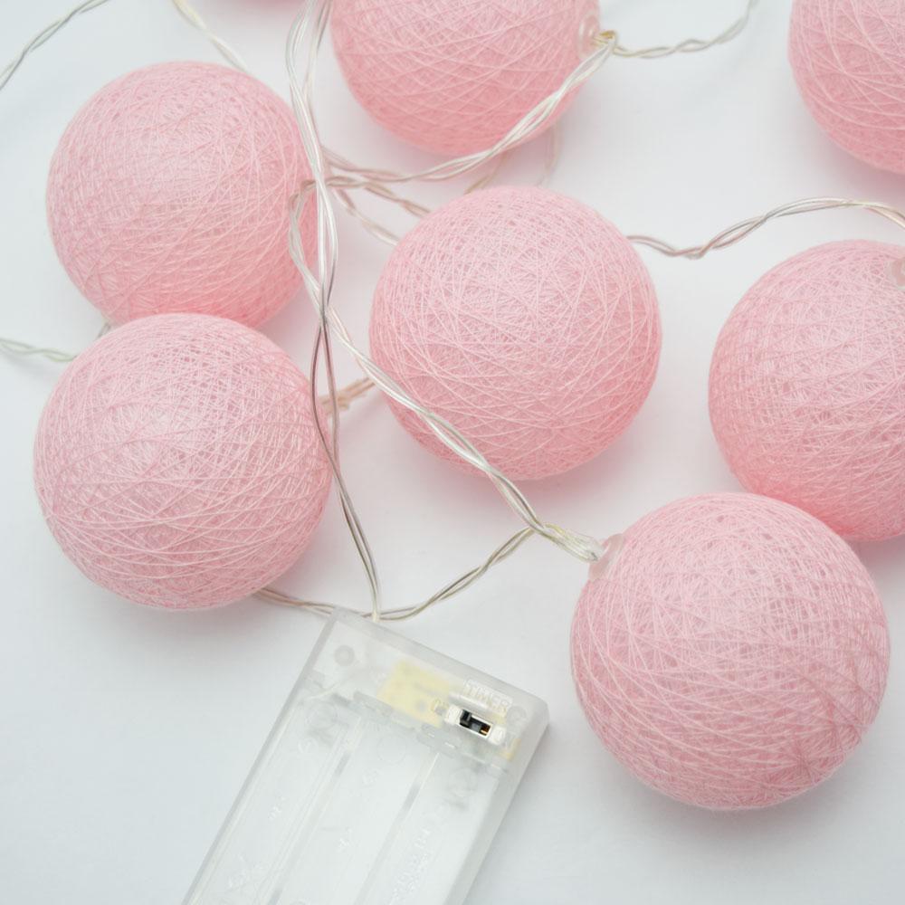 5.5 FT 10 LED Battery Operated Pink Round Cotton Ball String Lights With Timer - Luna Bazaar | Boho &amp; Vintage Style Decor