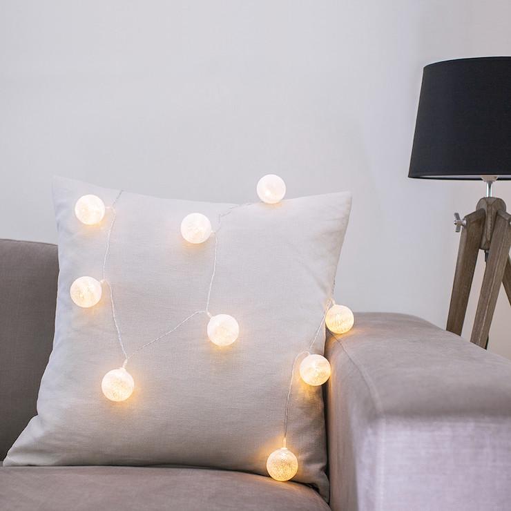5.5 FT 10 LED Battery Operated White Round Cotton Ball String Lights With Timer - Luna Bazaar | Boho &amp; Vintage Style Decor