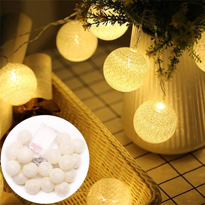 5.5 FT 10 LED Battery Operated White Round Cotton Ball String Lights With Timer - Luna Bazaar | Boho &amp; Vintage Style Decor