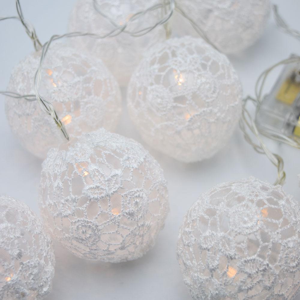 10 LED White Round Lace Fabric Ball String Light, 5.5 FT, Battery Operated - Luna Bazaar | Boho &amp; Vintage Style Decor