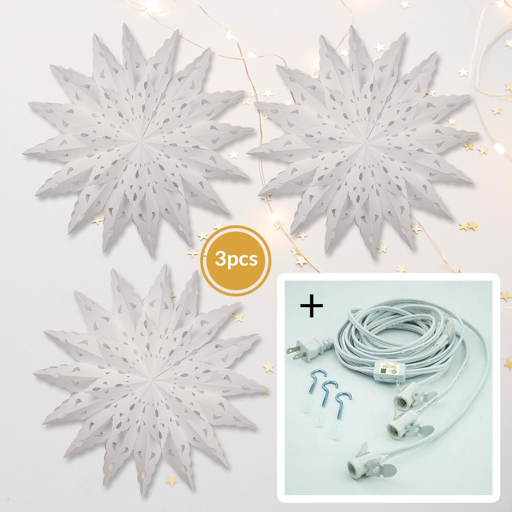 Bright White Blizzard Wreath 22 Inch Pizzelle Designer Illuminated Paper Star Lanterns and Lamp Cord Hanging Decorations (3-PACK + CORD + BULBS)