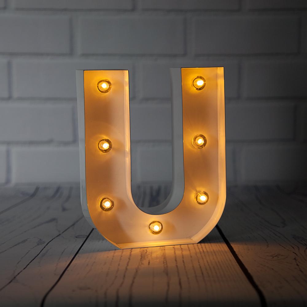CLOSEOUT White Marquee Light Letter &#39;U&#39; LED Metal Sign (8 Inch, Battery Operated w/ Timer) - Luna Bazaar | Boho &amp; Vintage Style Decor