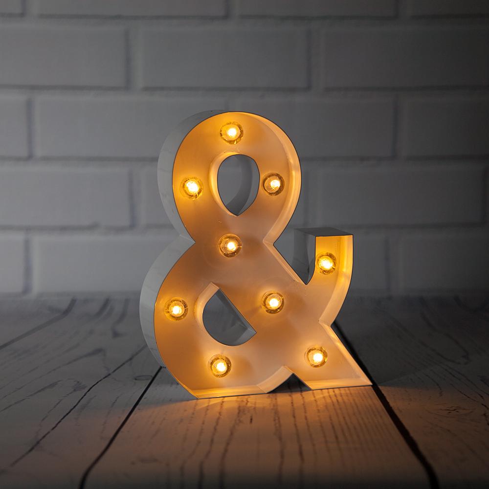 CLOSEOUT White Marquee Light Symbol &#39;&amp; / Ampersand&#39; LED Metal Sign (8 Inch, Battery Operated w/ Timer) - Luna Bazaar | Boho &amp; Vintage Style Decor