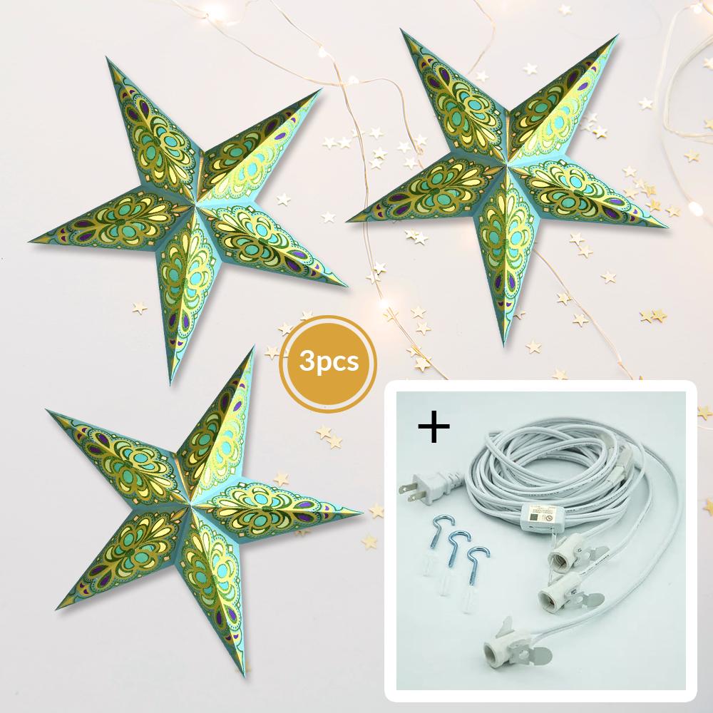 Green / Turquoise Merry Glitter 24 Inch Illuminated Paper Star Lanterns and Lamp Cord Hanging Decorations (3-PACK + CORD + BULBS)