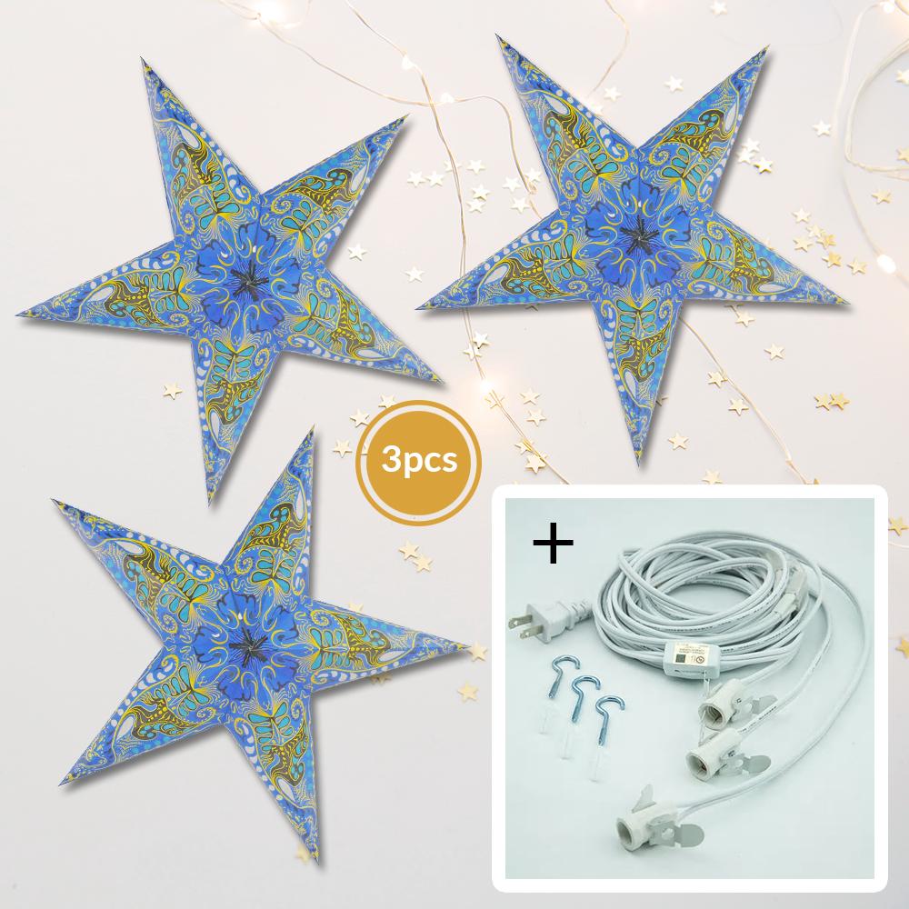 3-PACK + Cord | Light Blue Oriental Swan 24 Inch Illuminated Paper Star Lanterns and Lamp Cord Hanging Decorations - LunaBazaar.com - Discover. Decorate. Celebrate.