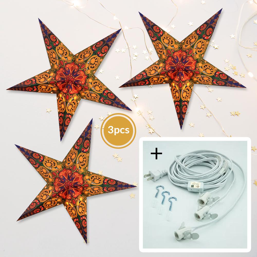3-PACK + Cord | Multi-Color Garden 24 Inch Illuminated Paper Star Lanterns and Lamp Cord Hanging Decorations - LunaBazaar.com - Discover. Decorate. Celebrate.