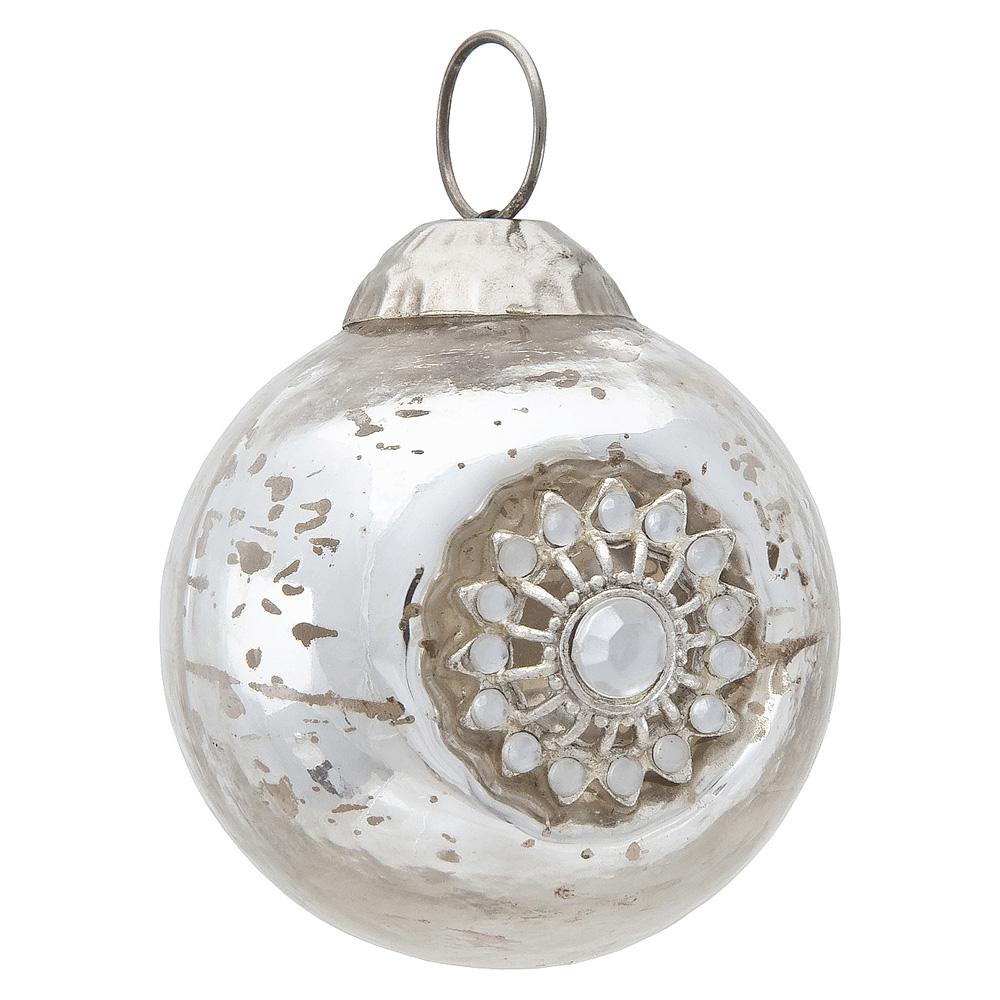 Mercury Glass Ornaments (2.25-Inch, Audrey Bejeweled Design, Silver, Single)