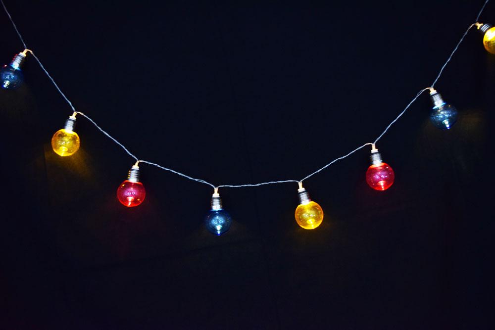 CLOSEOUT 10 LED RBY Hard Plastic Light Bulb Shaped String Lights, 5.5 FT, Battery Operated - Luna Bazaar | Boho &amp; Vintage Style Decor