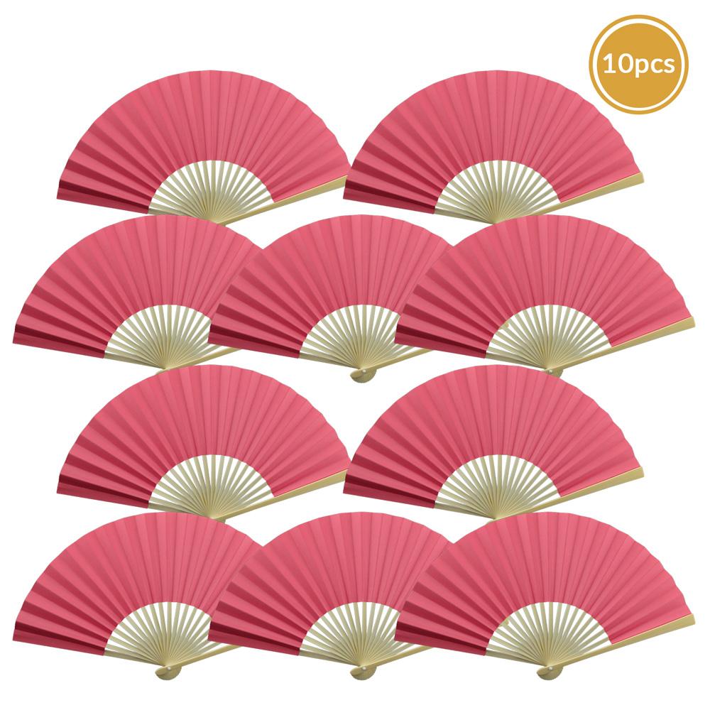 9&quot; Fuchsia / Hot Pink Paper Hand Fans for Weddings, Premium Paper Stock (10 Pack) - Luna Bazaar | Boho &amp; Vintage Style Decor