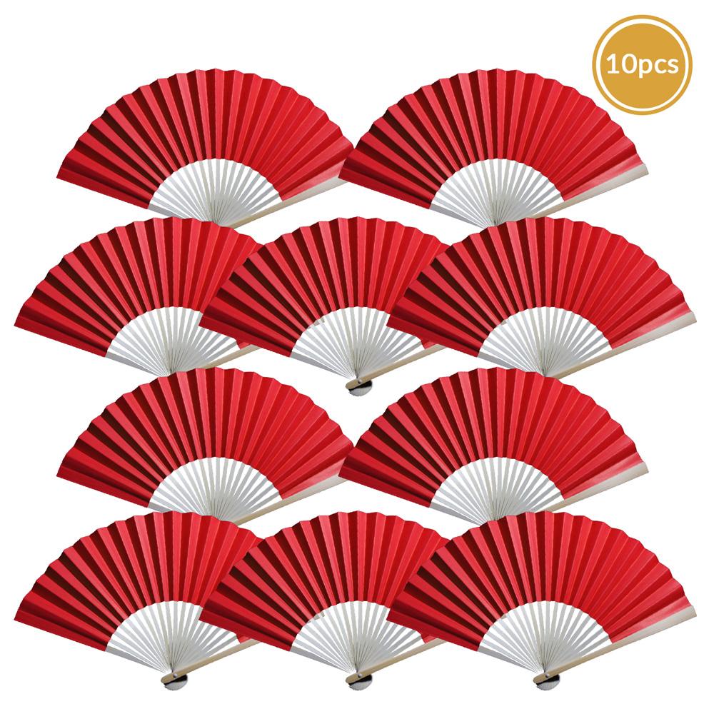 9&quot; Red Paper Hand Fans for Weddings, Premium Paper Stock (10 Pack) - Luna Bazaar | Boho &amp; Vintage Style Decor