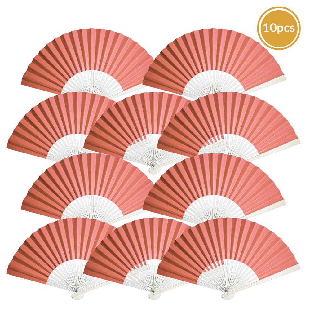 9&quot; Roseate / Pink Coral Paper Hand Fans for Weddings, Premium Paper Stock (10 Pack) - Luna Bazaar | Boho &amp; Vintage Style Decor