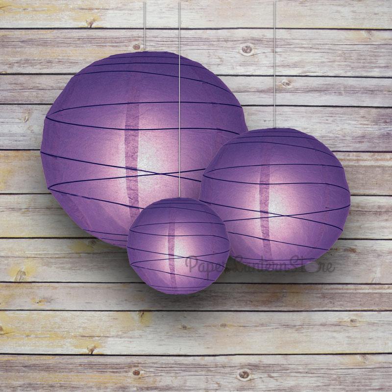 8/12/16&quot; Purple Round Paper Lanterns, Irregular Ribbing (3-Pack Cluster) - Luna Bazaar | Boho &amp; Vintage Style Decor