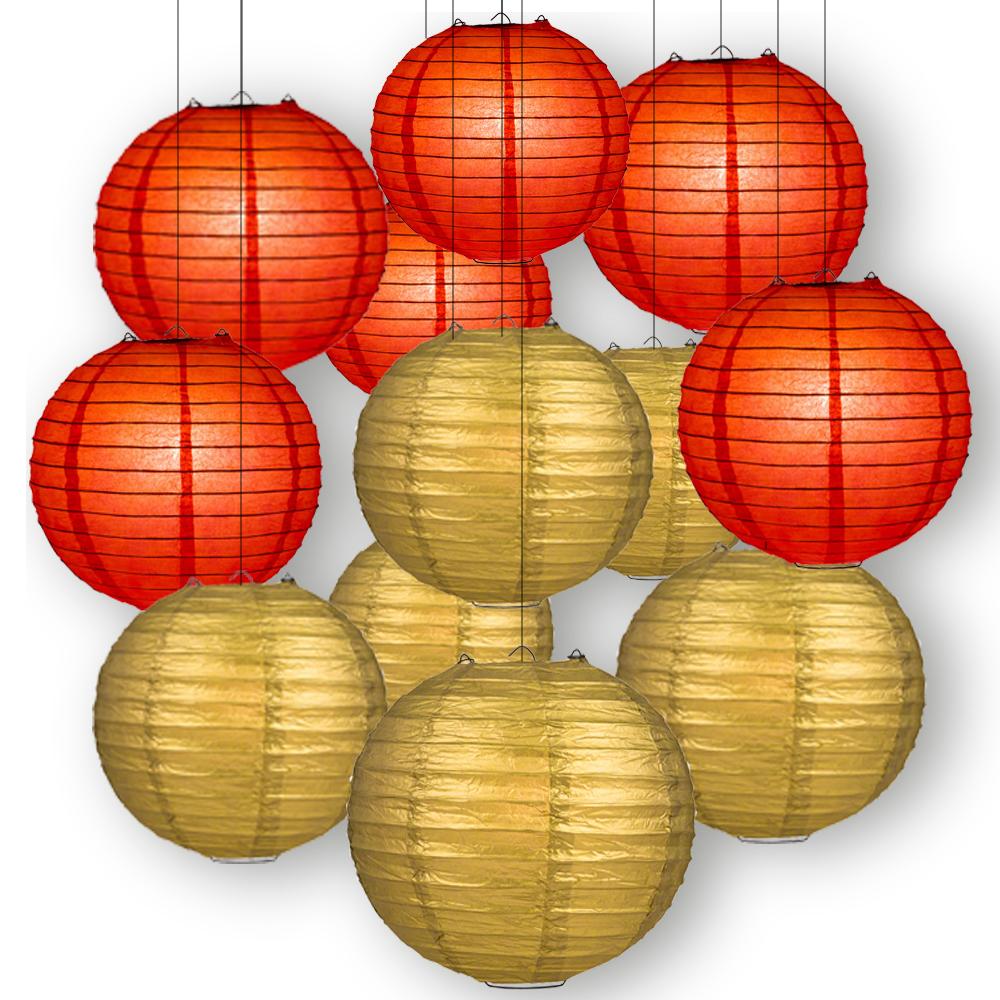 Red and Gold Party Pack Parallel Ribbed Paper Lantern Combo Set (12 pc Set) - Luna Bazaar | Boho &amp; Vintage Style Decor