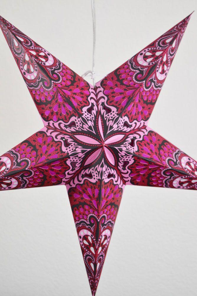 24&quot; Red Pink Rain Paper Star Lantern, Hanging - Luna Bazaar | Boho &amp; Vintage Style Decor