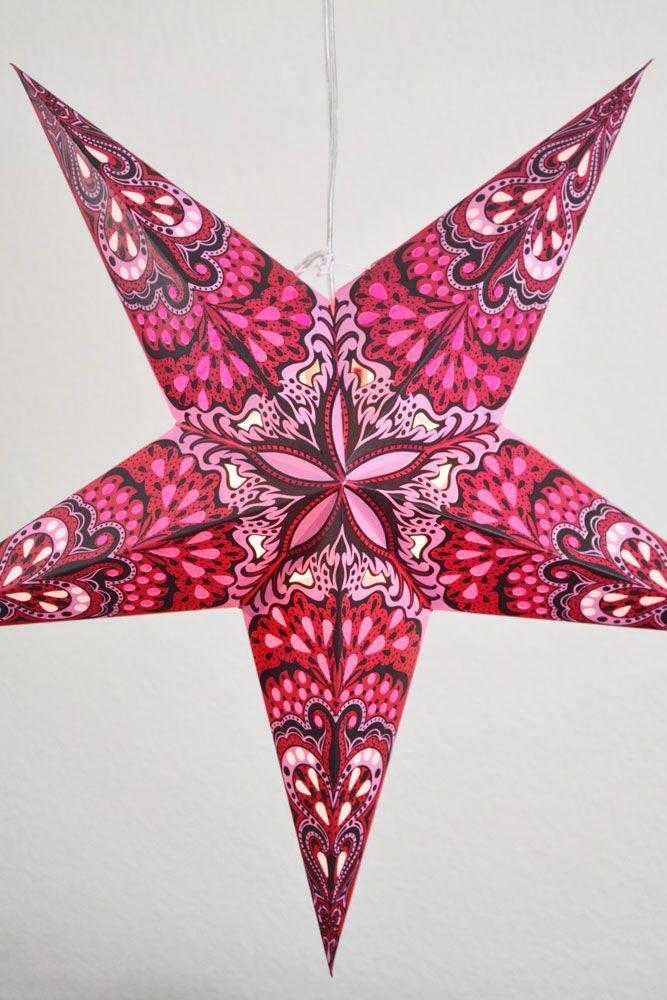 24&quot; Red Pink Rain Paper Star Lantern, Hanging - Luna Bazaar | Boho &amp; Vintage Style Decor