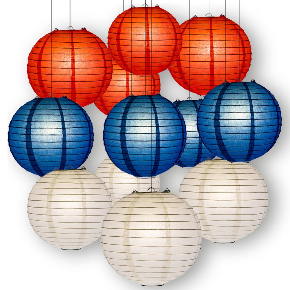Red, White and Blue Celebration Party Pack Parallel Ribbed Paper Lantern Combo Set (12 pc Set) - Luna Bazaar | Boho &amp; Vintage Style Decor