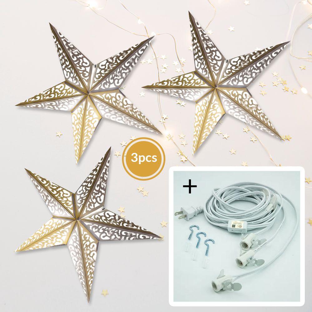 White Liberty 24 Inch Illuminated Paper Star Lanterns and Lamp Cord Hanging Decorations (3-PACK + CORD + BULBS)