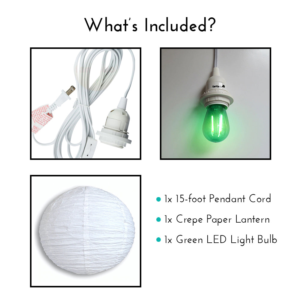 LANTERN + CORD + COLOR BULB | White Crepe Premium Paper Lantern with Pendant Cord Combo Kit, Switch, E26, Green Bulb - Luna Bazaar | Boho &amp; Vintage Style Decor