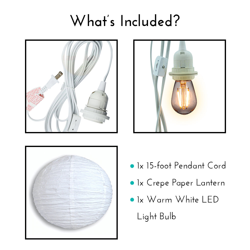 LANTERN + CORD + COLOR BULB | White Crepe Premium Paper Lantern with Pendant Cord Combo Kit, Switch, E26, Fuchsia / Hot Pink Bulb - Luna Bazaar | Boho &amp; Vintage Style Decor