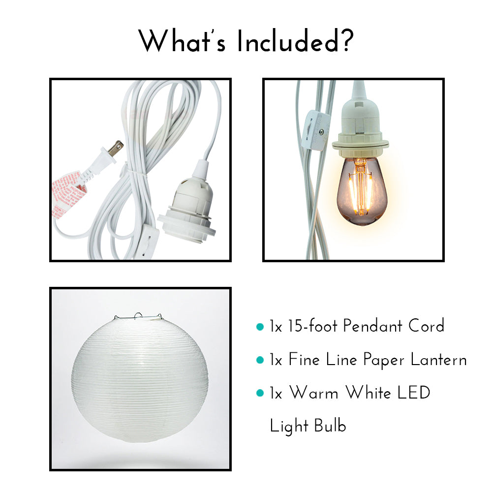LANTERN + CORD + COLOR BULB | White Fine Line Premium Paper Lantern, Extra Sturdy with Pendant Cord Combo Kit, Switch, E26, Warm White Bulb - Luna Bazaar | Boho &amp; Vintage Style Decor
