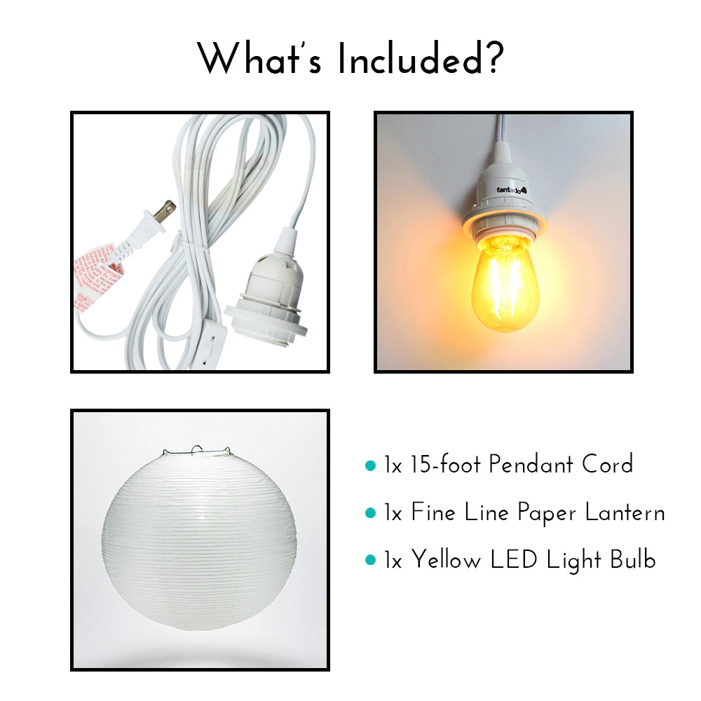 LANTERN + CORD + COLOR BULB | White Fine Line Premium Paper Lantern, Extra Sturdy with Pendant Cord Combo Kit, Switch, E26, Yellow Bulb - Luna Bazaar | Boho &amp; Vintage Style Decor