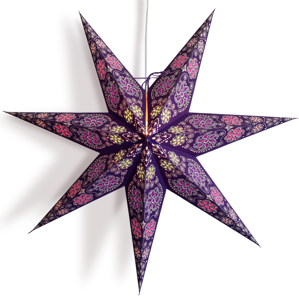 24 Inch Purple Winds 7-Point Paper Star Lantern and Lamp Cord Hanging Decoration (3-PACK + CORD + BULBS) - Luna Bazaar | Boho &amp; Vintage Style Decor