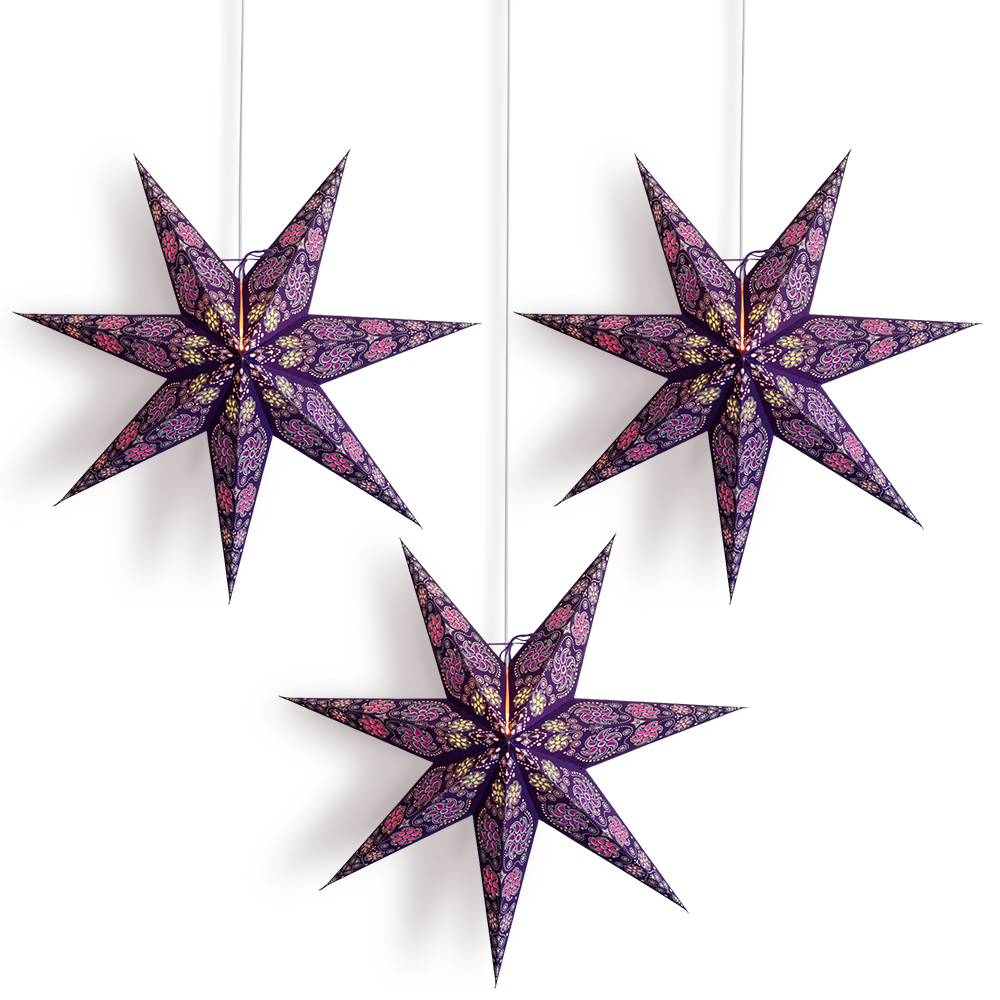 24 Inch Purple Winds 7-Point Paper Star Lantern and Lamp Cord Hanging Decoration (3-PACK + CORD + BULBS)