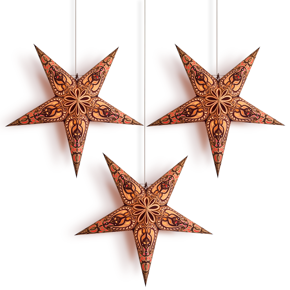 24 Inch Brown Alaskan Glitter Paper Star Lantern and Lamp Cord Hanging Decoration (3-PACK + CORD + BULBS)