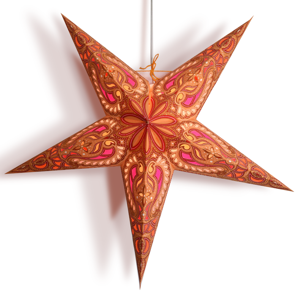 24 Inch Orange Alaskan Glitter Paper Star Lantern and Lamp Cord Hanging Decoration (3-PACK + CORD + BULBS) - Luna Bazaar | Boho &amp; Vintage Style Decor
