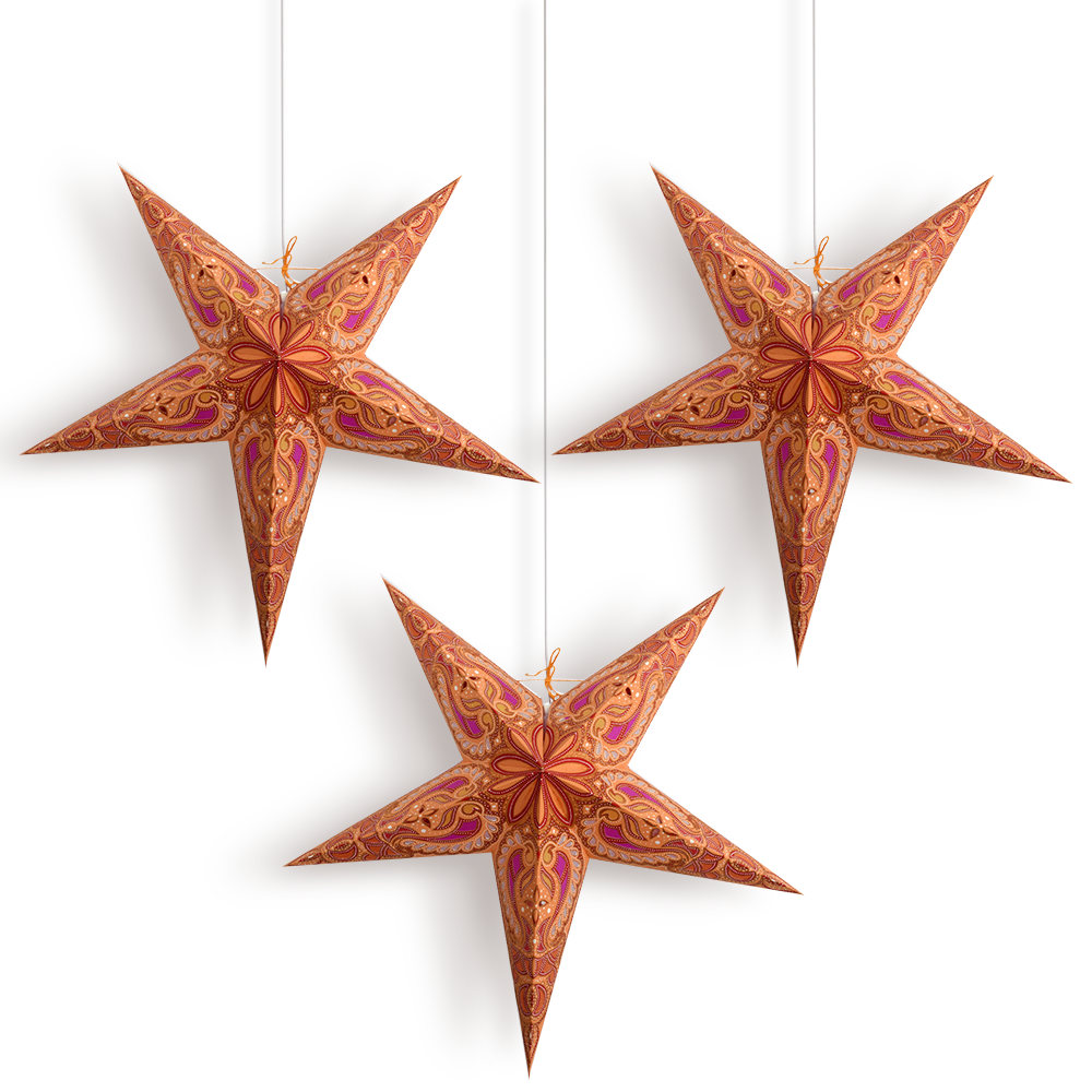 24 Inch Orange Alaskan Glitter Paper Star Lantern and Lamp Cord Hanging Decoration (3-PACK + CORD + BULBS)