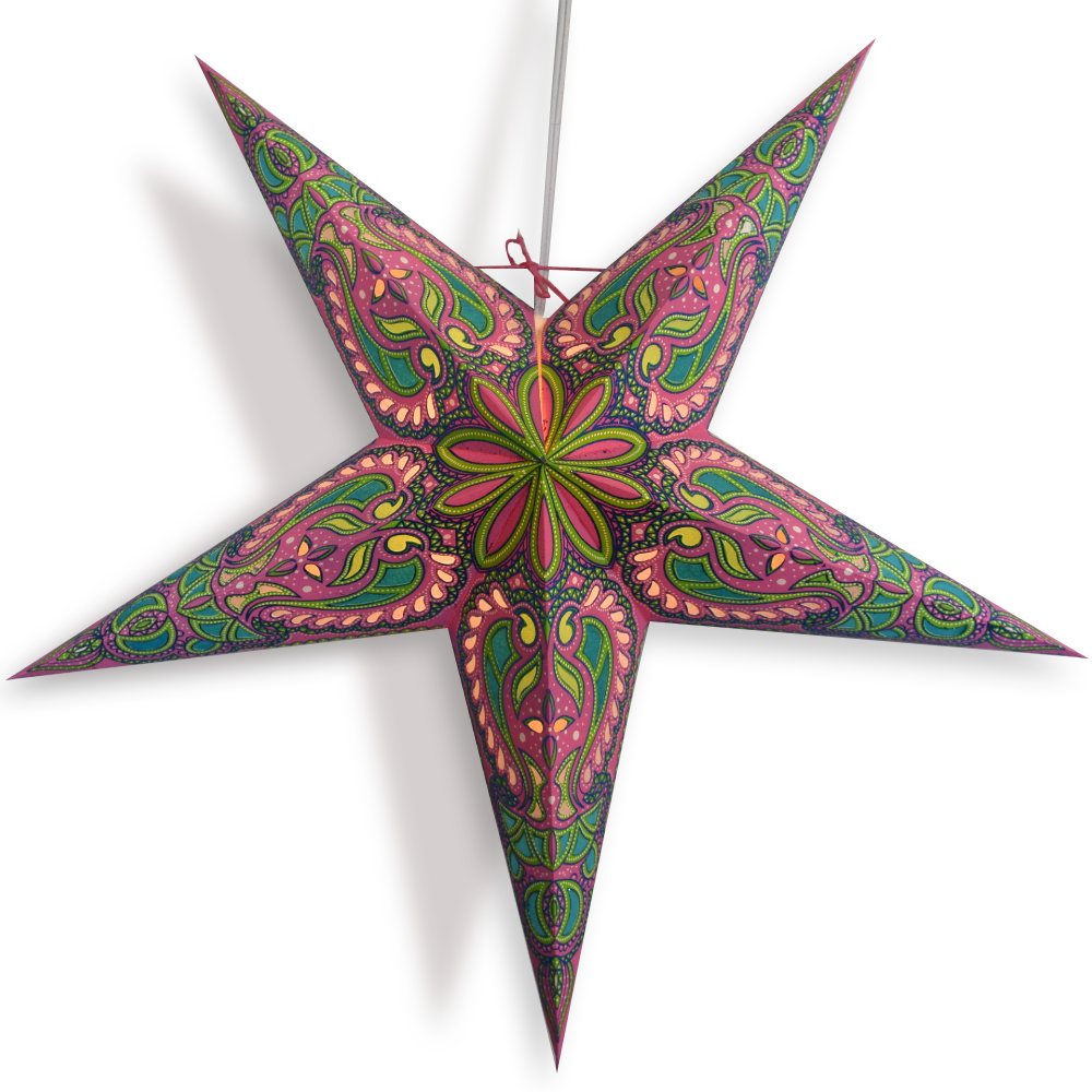 24 Inch Pink Green Alaskan Glitter Paper Star Lantern and Lamp Cord Hanging Decoration (3-PACK + CORD + BULBS) - Luna Bazaar | Boho &amp; Vintage Style Decor