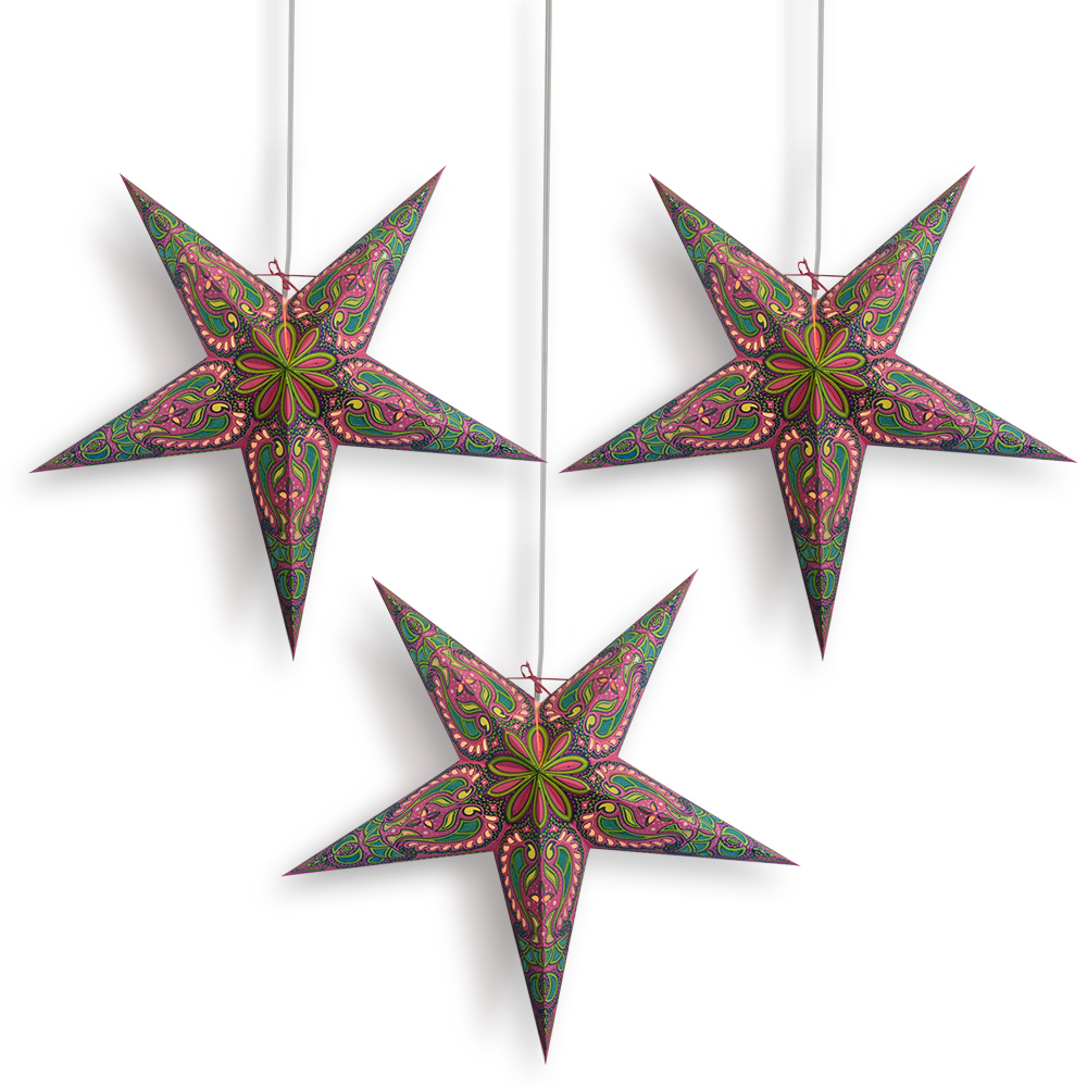 24 Inch Pink Green Alaskan Glitter Paper Star Lantern and Lamp Cord Hanging Decoration (3-PACK + CORD + BULBS)