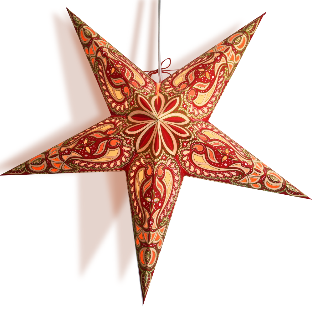24 Inch Red Green Alaskan Glitter Paper Star Lantern and Lamp Cord Hanging Decoration (3-PACK + CORD + BULBS) - Luna Bazaar | Boho &amp; Vintage Style Decor