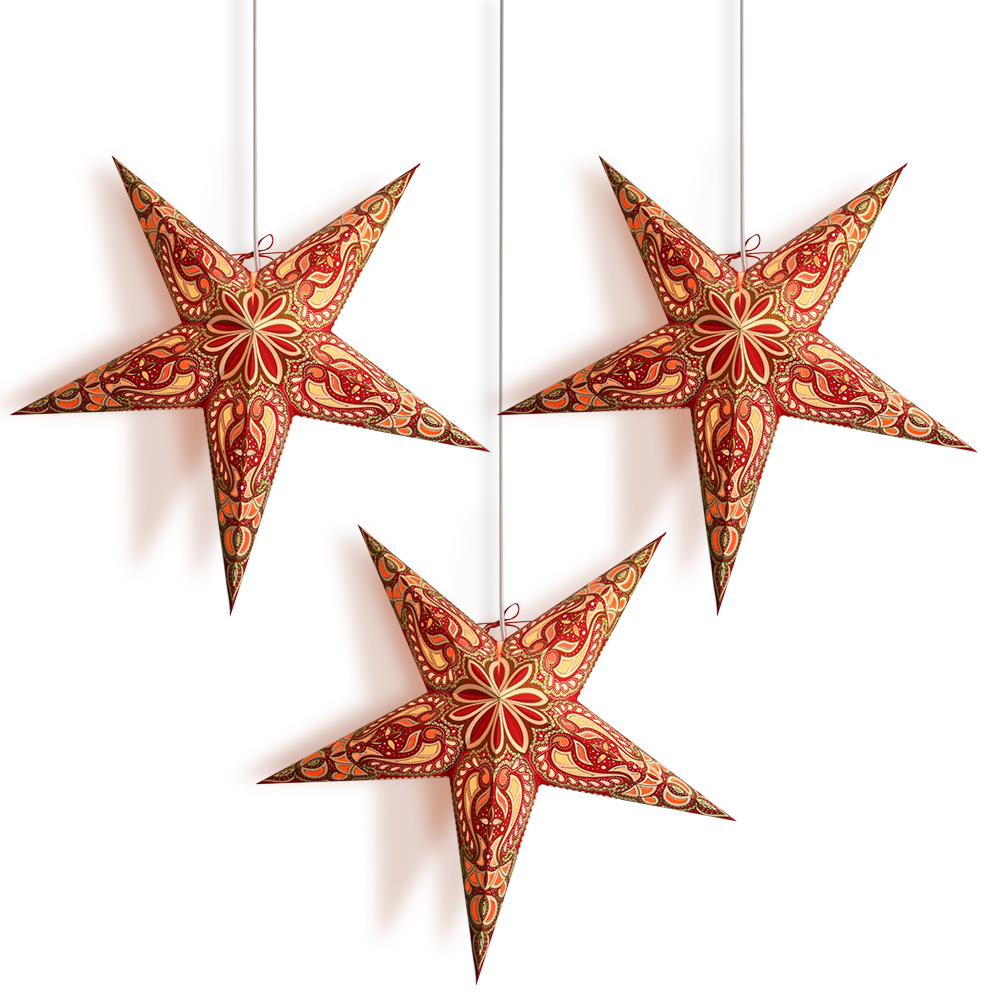 24 Inch Red Green Alaskan Glitter Paper Star Lantern and Lamp Cord Hanging Decoration (3-PACK + CORD + BULBS)