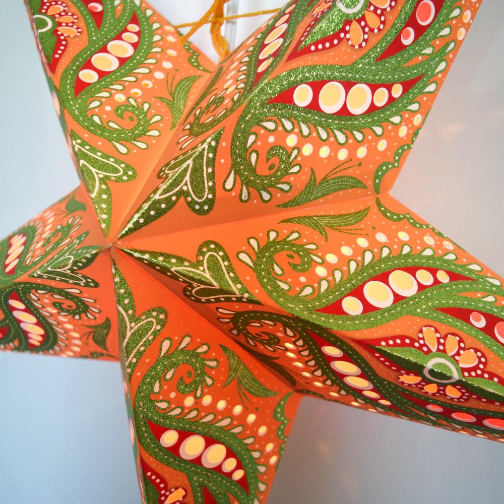 24 Inch Orange Bloom Glitter Paper Star Lantern and Lamp Cord Hanging Decoration | 3-PACK + CORD + BULBS - Luna Bazaar | Boho &amp; Vintage Style Decor