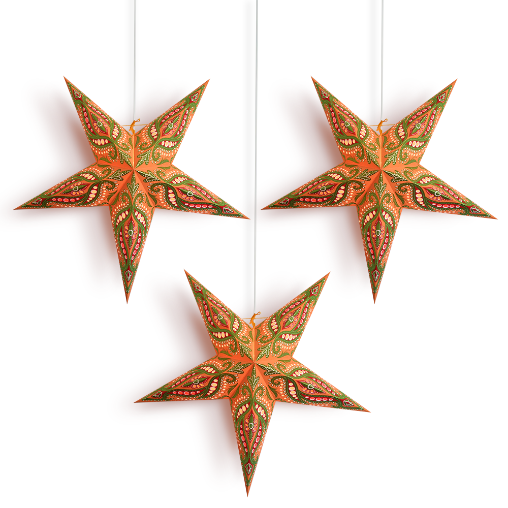 3-PACK + Cord | 24 Inch Orange Bloom Glitter Paper Star Lantern and Lamp Cord Hanging Decoration